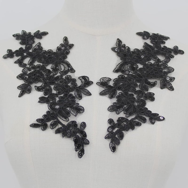 SEMCICOR Set of 2 Sequin Flower Patches Lace Applique Embroidered Trim Applique Motif Wedding Gown Dress Bridal DIY Crafts(Black) - Image 1
